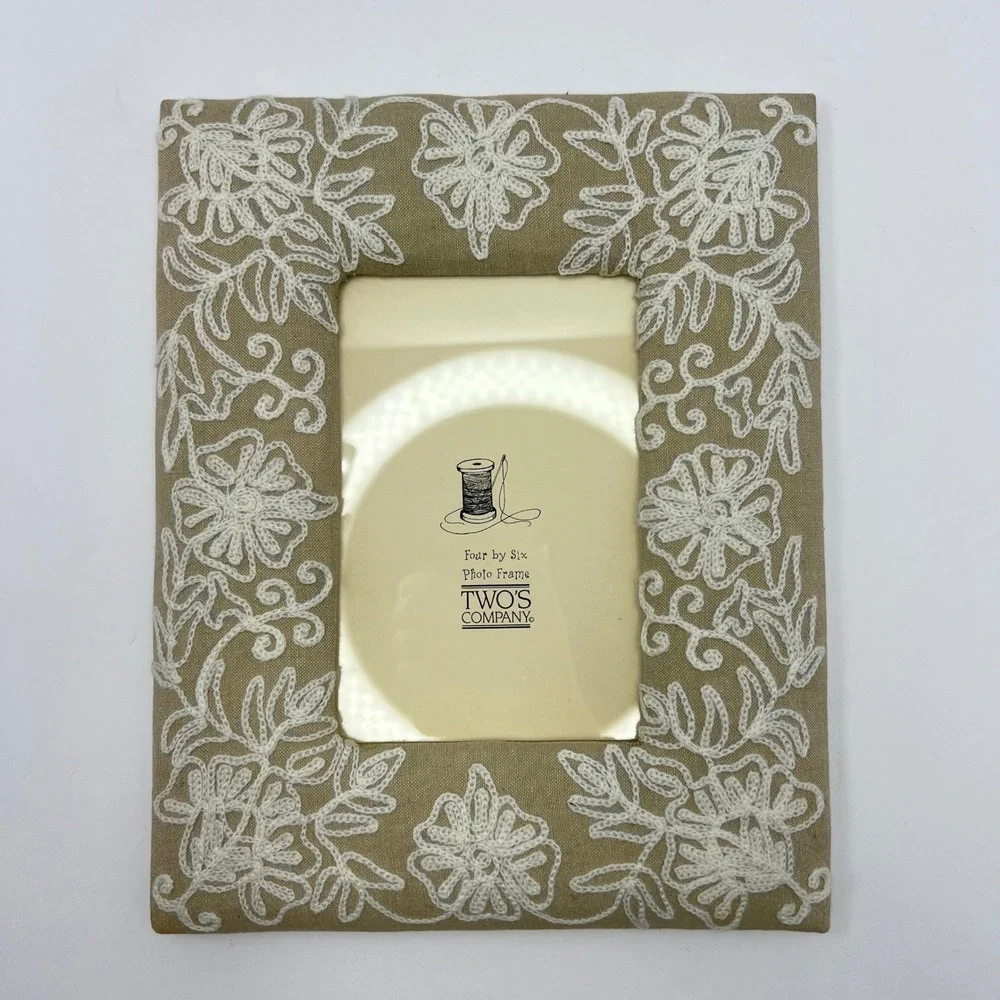 Linen Embroidered Photo Frame 4x6‎ Beige White Floral Cottage Boho Shabby Chic